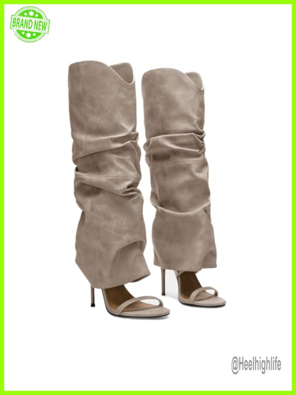 MAIJED Slouchy Knee High Boots Open Toe Pull On Stiletto Heeled Sandal Boots
